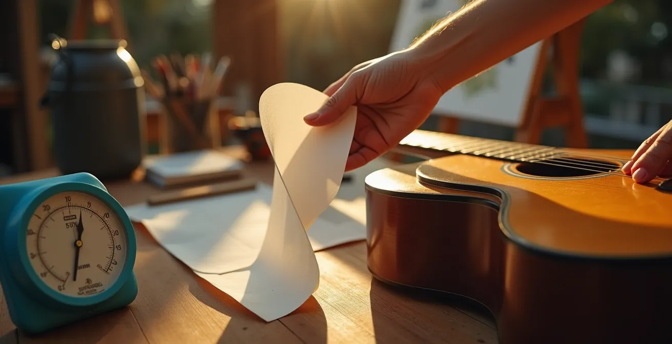 Artist studio showing hygrometer and watercolor paper in controlled environment