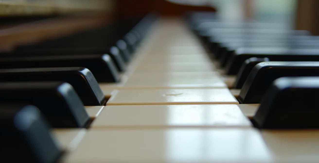 Close-up macro view of piano keys showing smooth voice leading between jazz chords