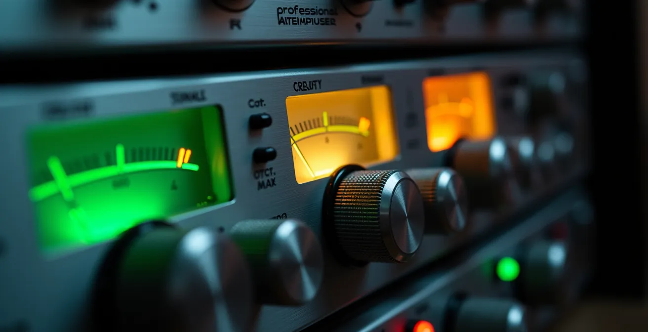 Close-up of professional audio amplifier LED meters showing optimal headroom levels