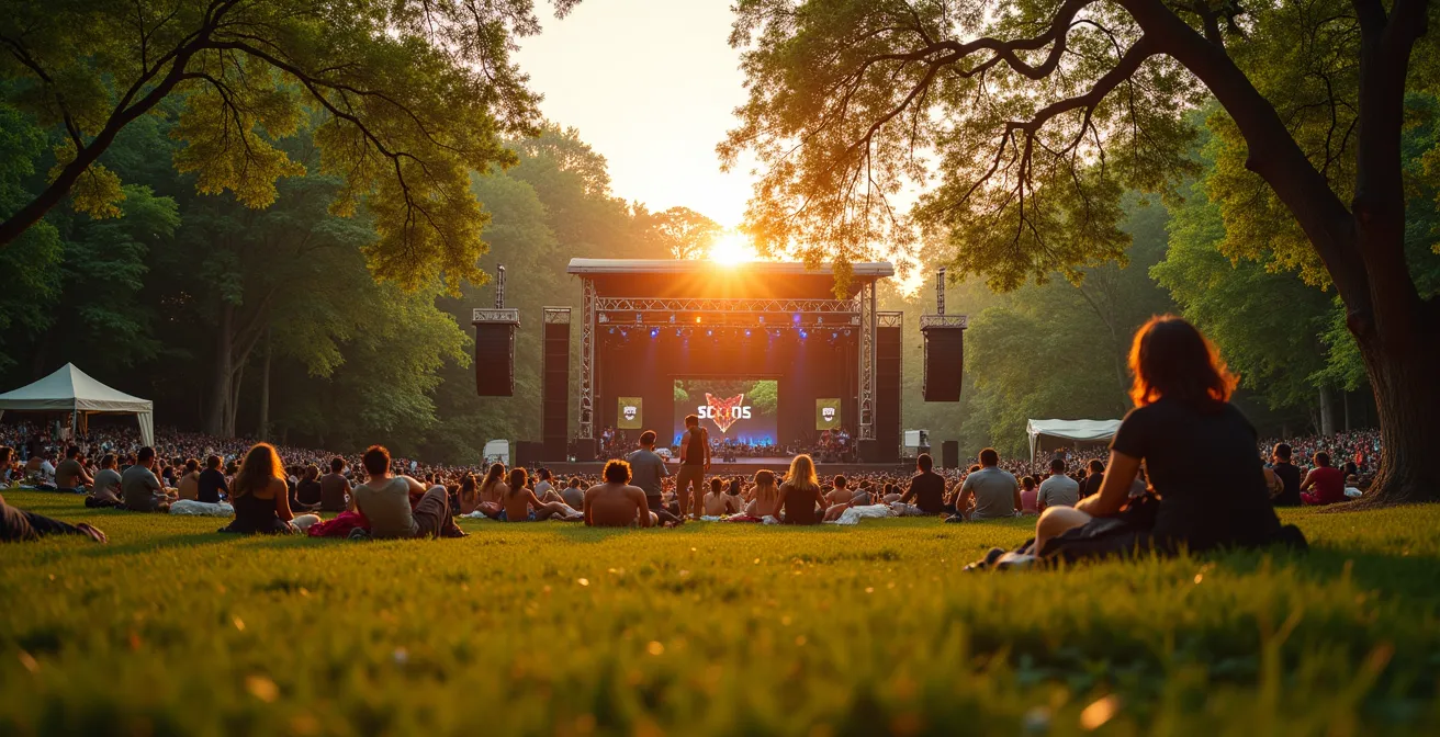 Wide shot of a relaxed outdoor reggae stage area at sunset with natural barriers