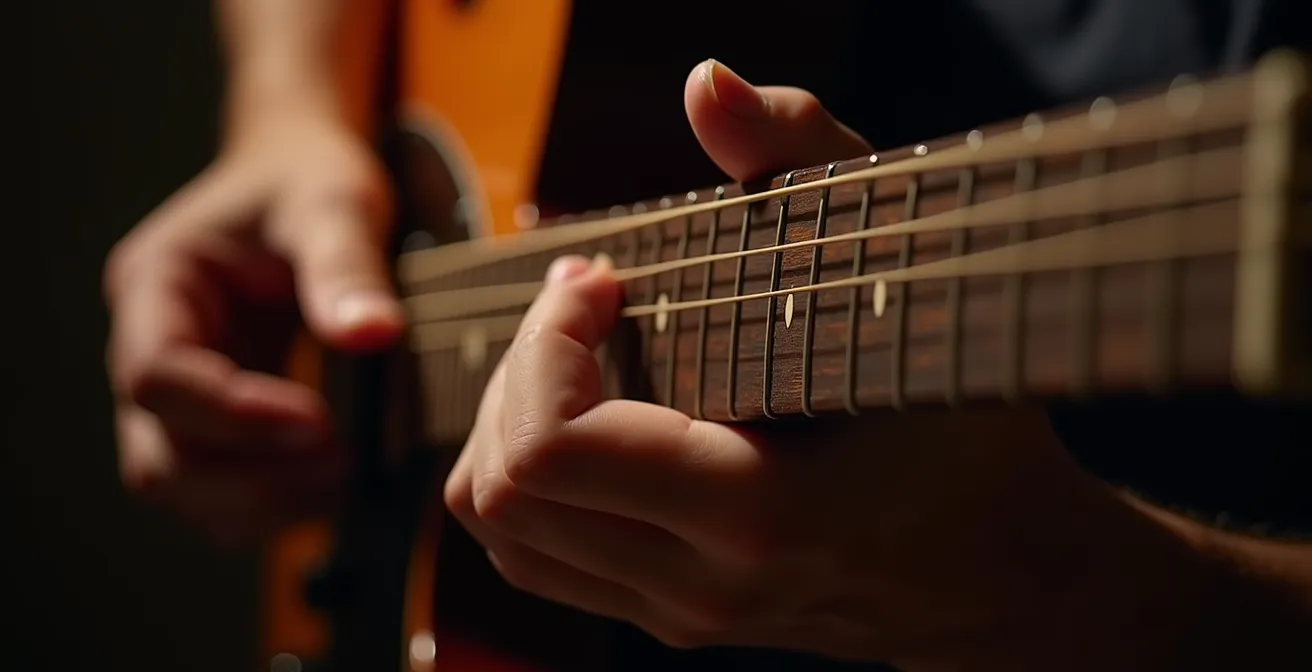 Split-screen showing simple chord shapes versus complex fretboard patterns