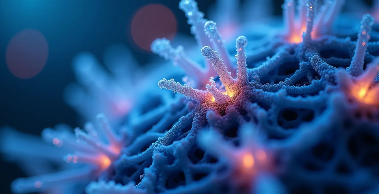 Close-up macro shot of brain neural pathways with musical notes flowing through synapses