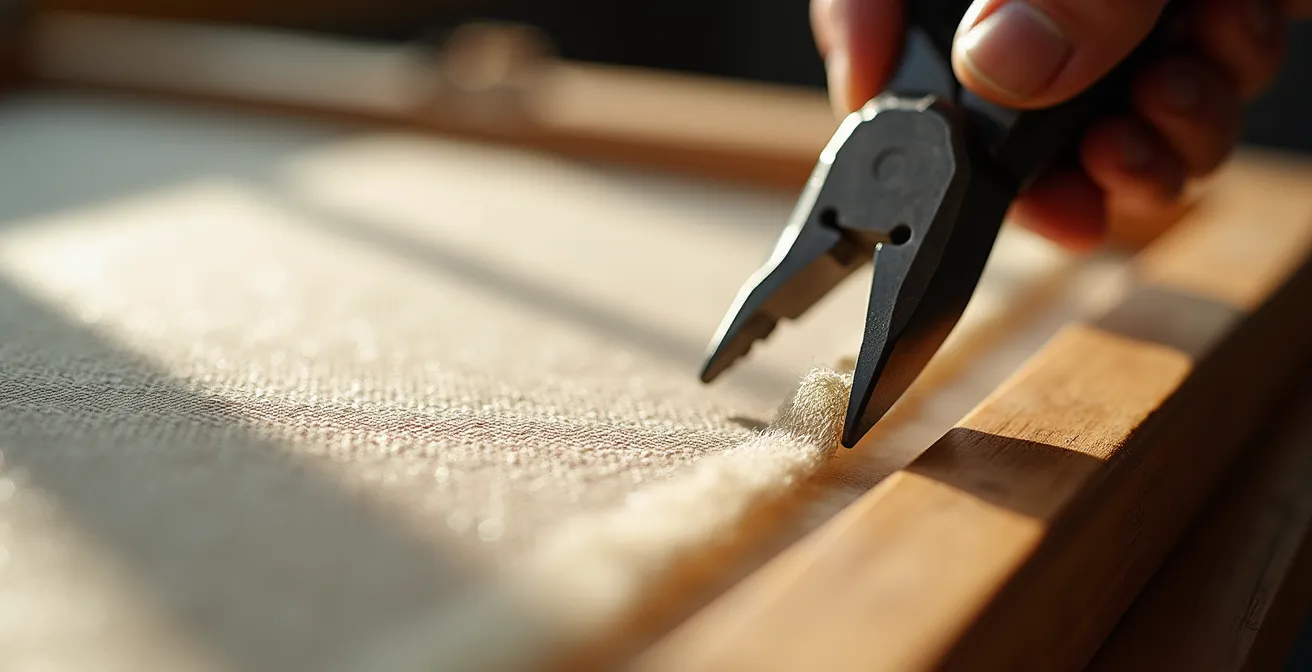 Extreme close-up of canvas corner being stretched onto a wooden frame showing fiber tension