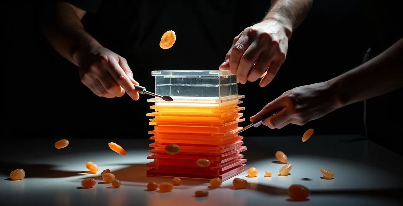 Abstract representation of musical layers being carved away like sculpture from marble