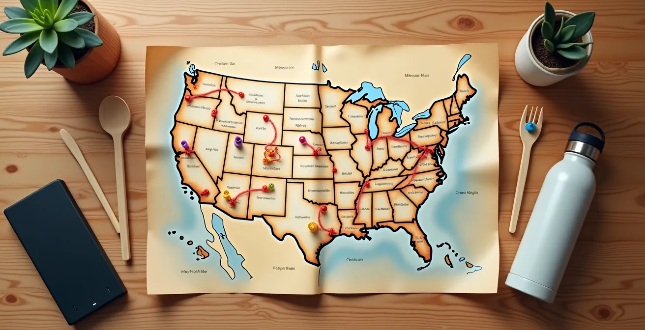 Aerial view of tour routing optimization with sustainable travel indicators