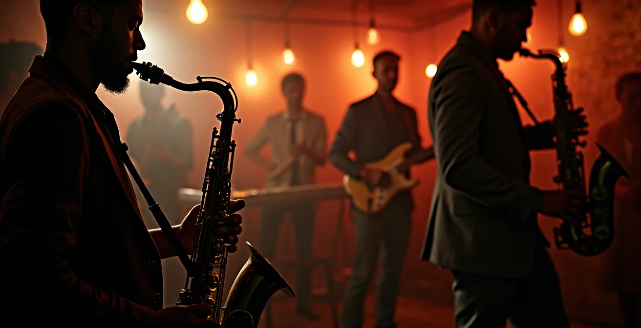 Intimate view of a dimly lit jazz club with local musicians performing
