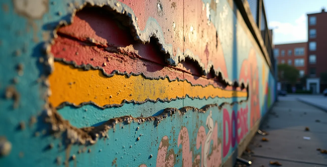 Layered street art on urban wall showing different styles and generations of work