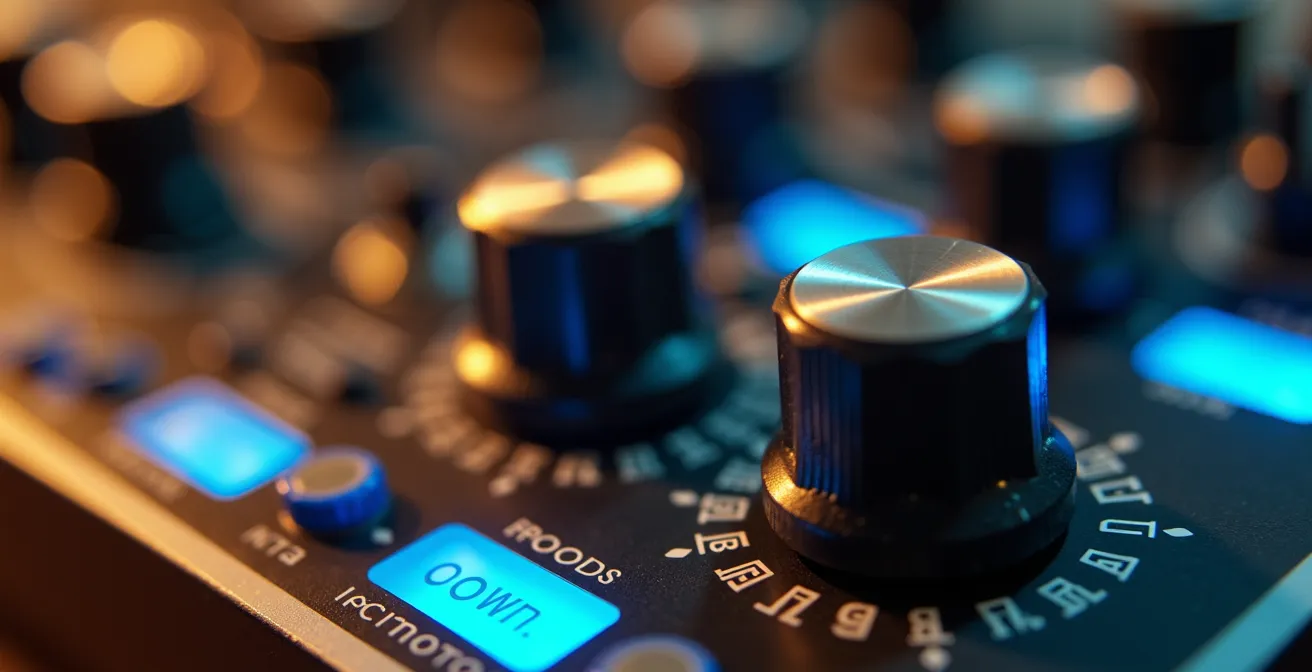 Extreme close-up of vintage synthesizer oscillator section showing detuned saw wave controls