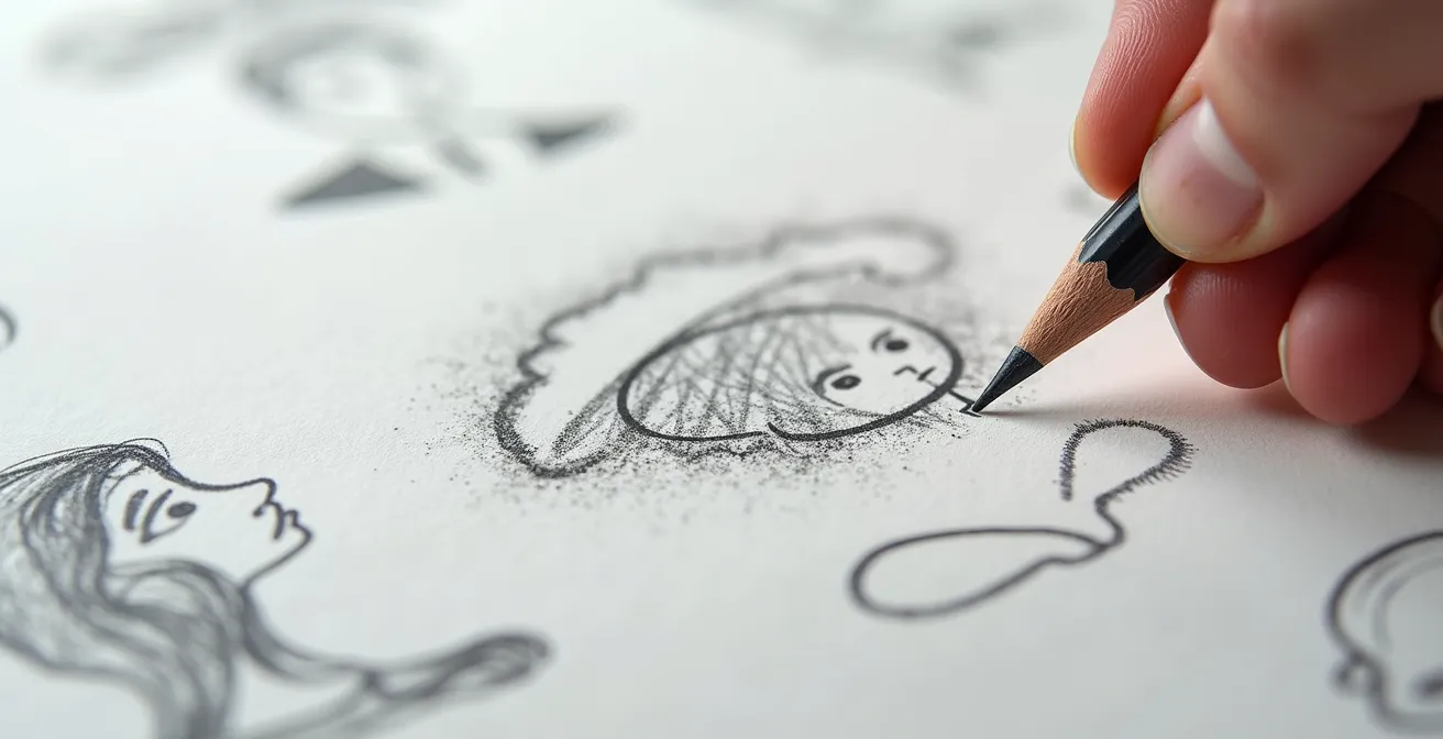 Comic script page showing visual consistency notes and character emotion blueprints alongside thumbnail sketches