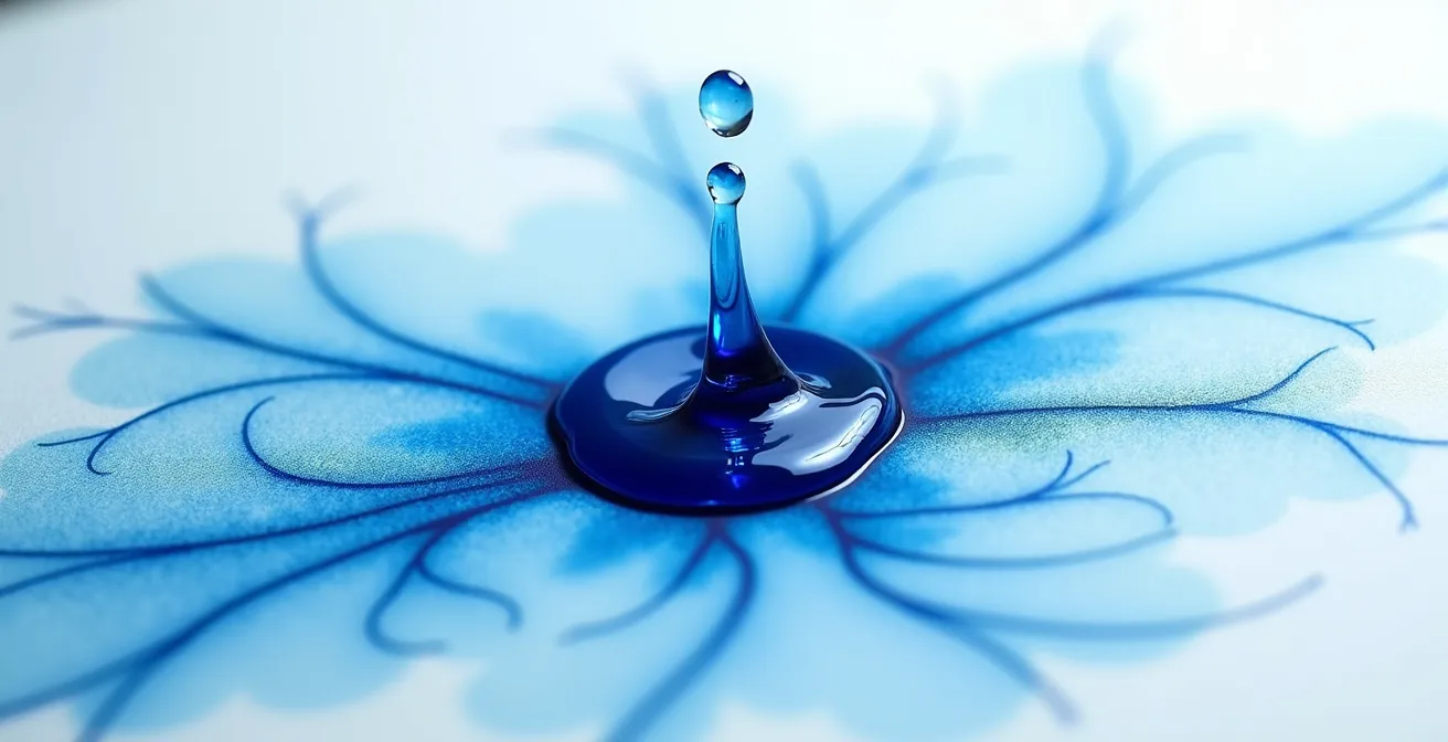 Extreme close-up of watercolor pigment dispersing on wet paper surface